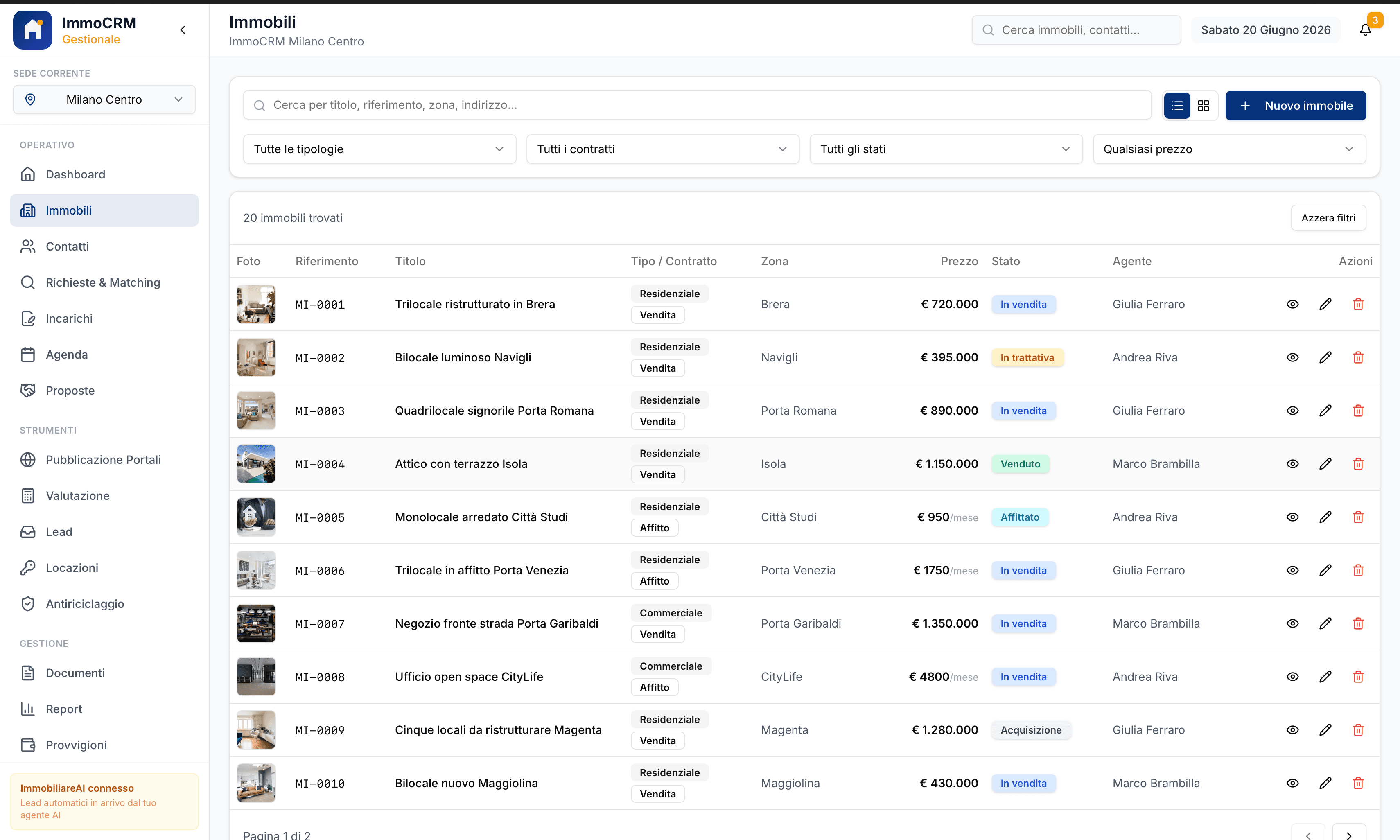 Schermata reale ImmoCRM: Immobili